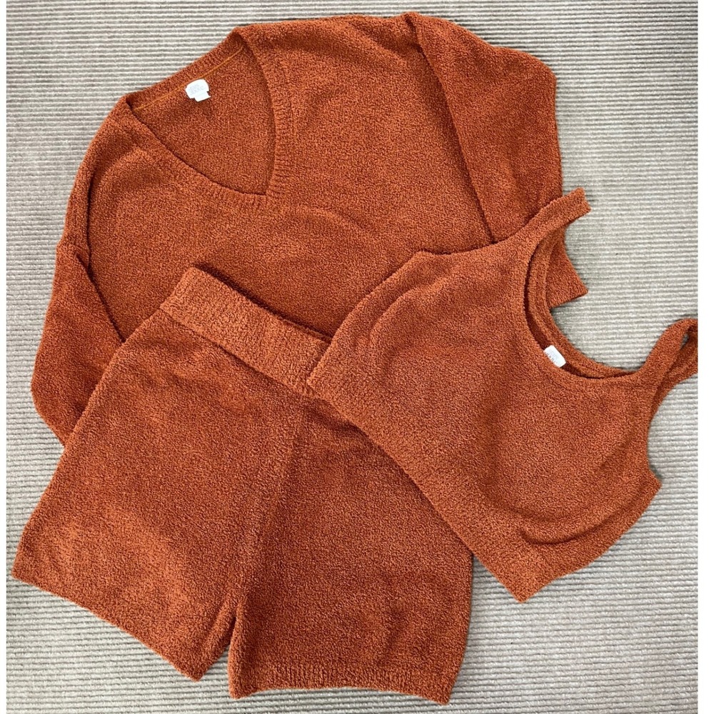 Stars Above Women 3-Pc Lounge Set Sz L Rust Orange Fuzzy Knit Sweater Tank Short
